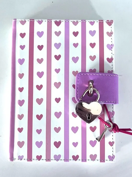 Notebook Journal Diary with Heart Lock & Key Pink Hearts & Stripes on White. - Picture 2 of 15